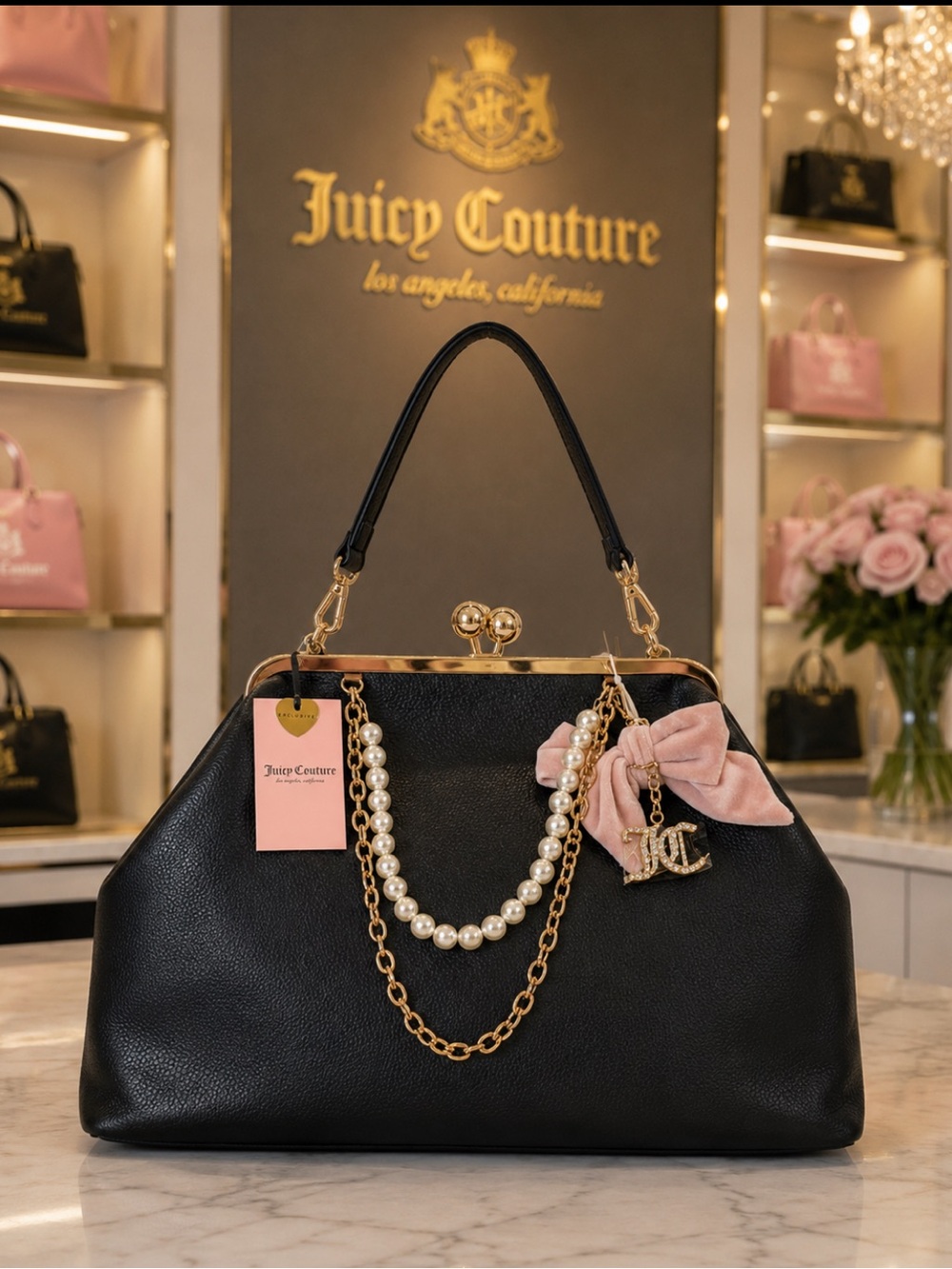 VIRAL KISS LOCK Juicy Couture Black Satchel with Pink Bow & Pearl Chain